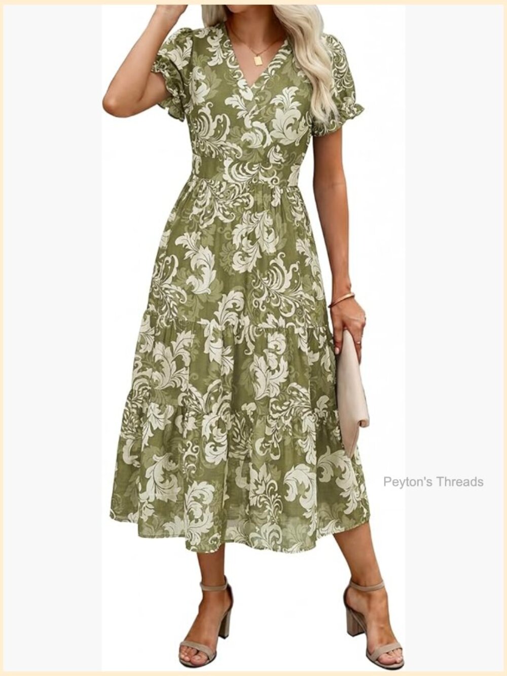 Midi Dress V Neck Puffy Short Sleeve Flowy Casual With Pockets